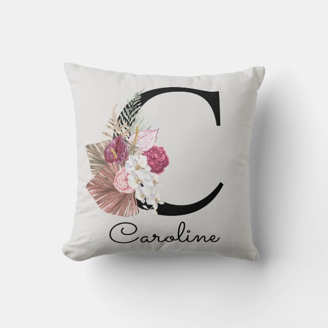 Modern Pink Boho Girly Floral Initial C Cushion (Front)