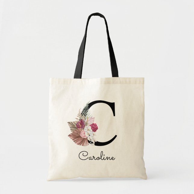 Modern Pink Boho Girly Floral Initial C Tote Bag (Front)