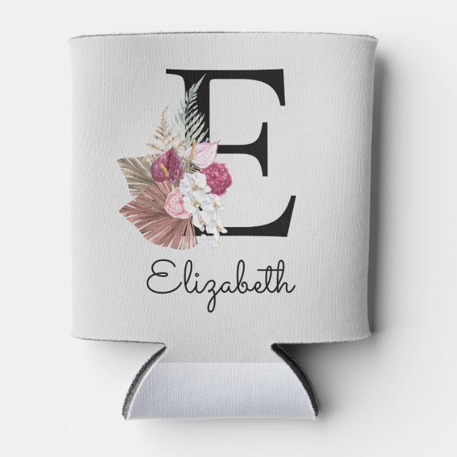 Modern Pink Boho Girly Floral Initial E Can Cooler (Front)
