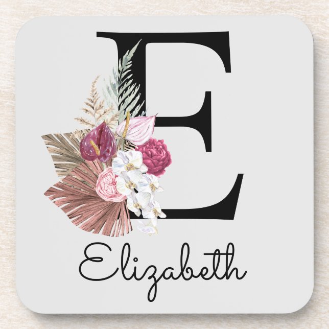 Modern Pink Boho Girly Floral Initial E Coaster (Front)