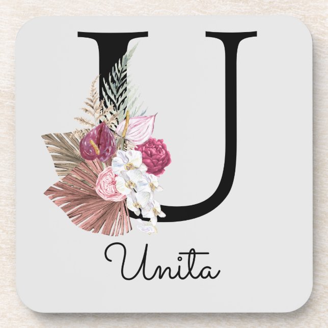 Modern Pink Boho Girly Floral Initial U Coaster (Front)