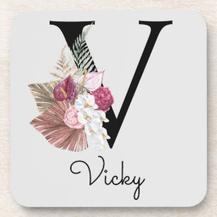 Modern Pink Boho Girly Floral Initial V Coaster
