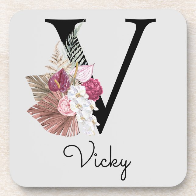 Modern Pink Boho Girly Floral Initial V Coaster (Front)