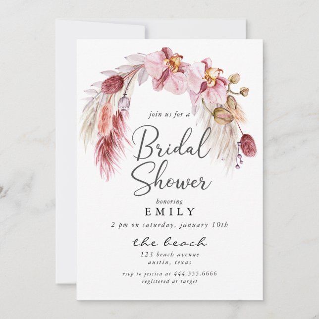 Modern Pink Boho Pampas Floral Bridal Shower Invitation (Front)