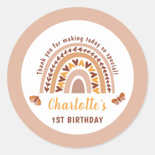 Modern Pink Boho Rainbow 1st Birthday Thank You Classic Round Sticker