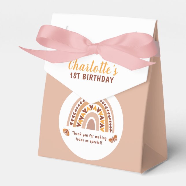 Modern Pink Boho Rainbow 1st Birthday Thank You Favour Box (Front Side)