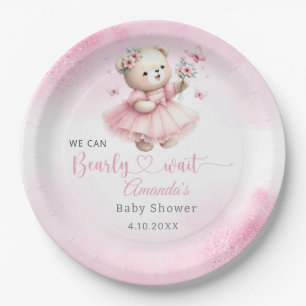 Modern pink Boho Teddy Bear girl baby shower  Paper Plate