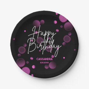 Modern Pink Bokeh Gradient Black Happy Birthday Paper Plate
