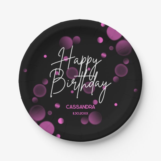 Modern Pink Bokeh Gradient Black Happy Birthday Paper Plate (Front)