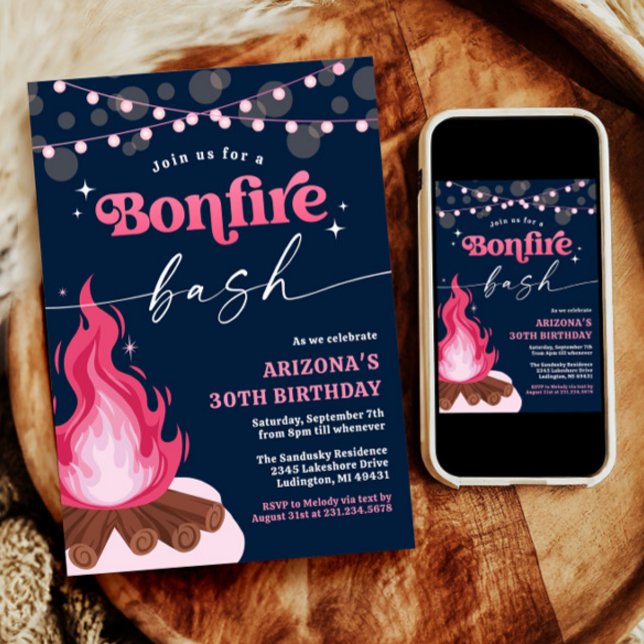 Modern Pink Bonfire Invitation, Bonfire Bash Invitation (Pink Birthday Backyard Bonfire Invitation)