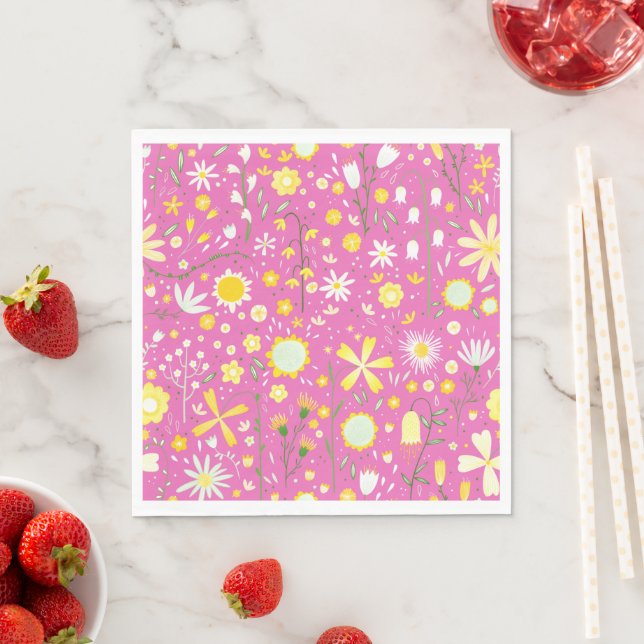Modern Pink Botanical Wildflower Floral Napkins (Insitu)