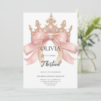 Modern pink bow and crown birthday party invitation