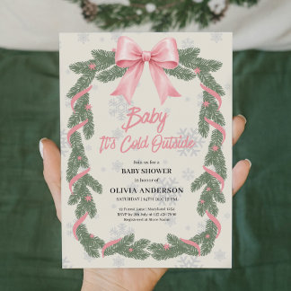 Modern Pink Bow Baby It's Cold Outside Baby Shower Invitation