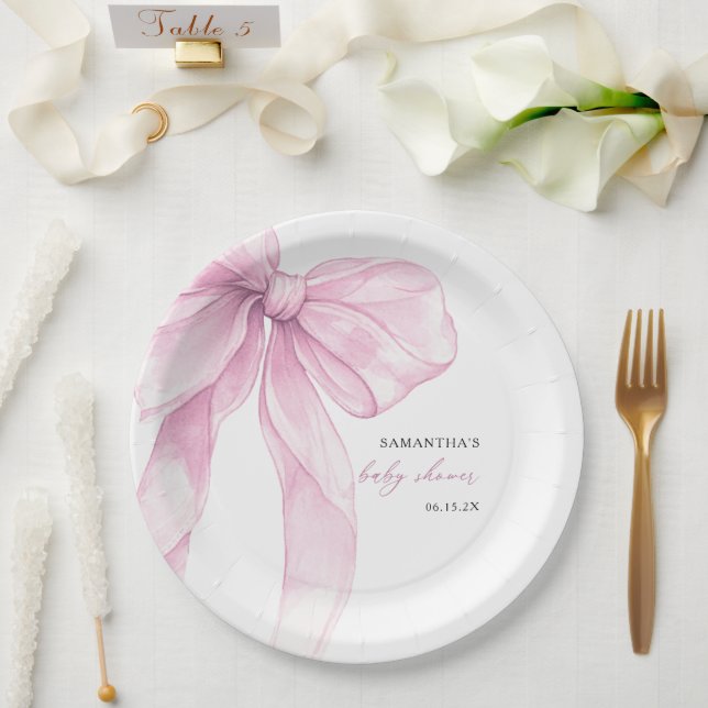 Modern Pink Bow Baby Shower  Paper Plate (Wedding)