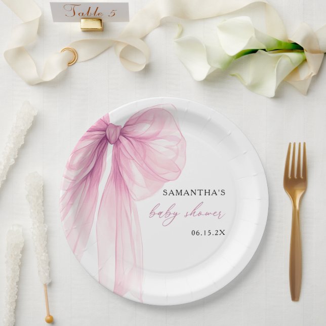 Modern Pink Bow Baby Shower  Paper Plate (Wedding)