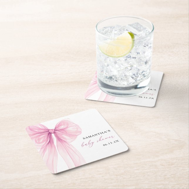 Modern Pink Bow Baby Shower  Square Paper Coaster (Insitu)
