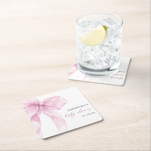Modern Pink Bow Baby Shower Square Paper Coaster