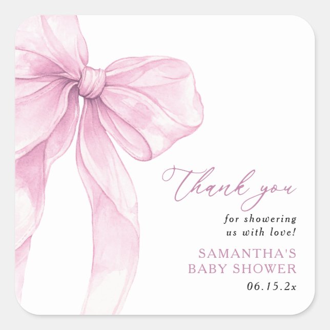 Modern Pink Bow Baby Shower Thank You Square Sticker (Front)