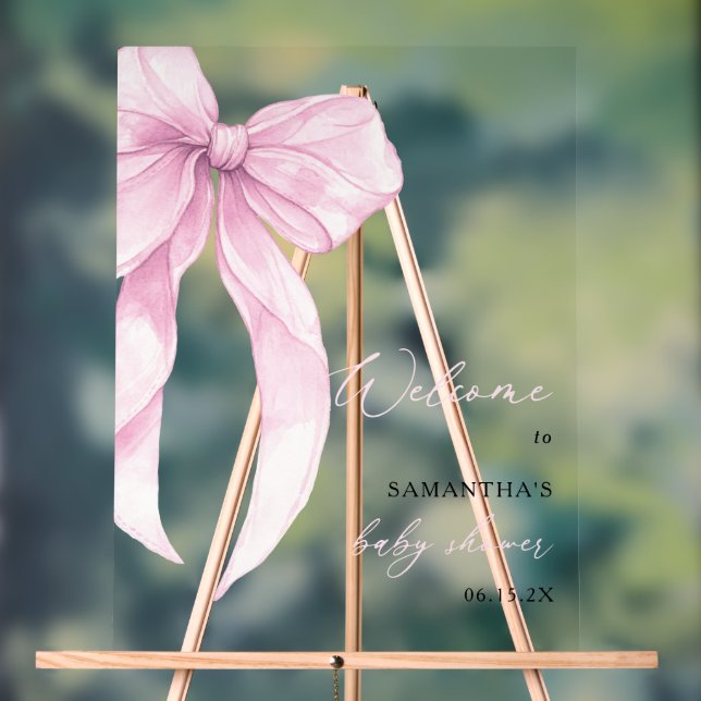 Modern Pink Bow Baby Shower Welcome Acrylic Sign (Neutral)
