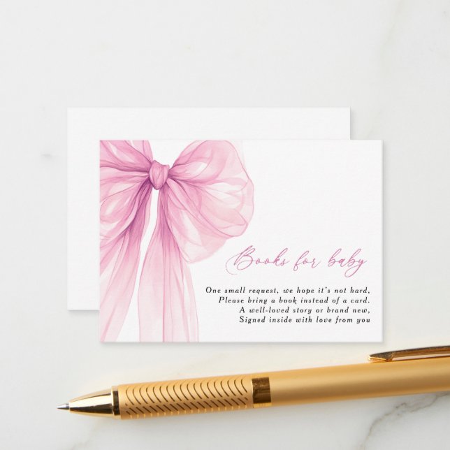 Modern Pink Bow Books for Baby Shower Enclosure Card (Front/Back In Situ)