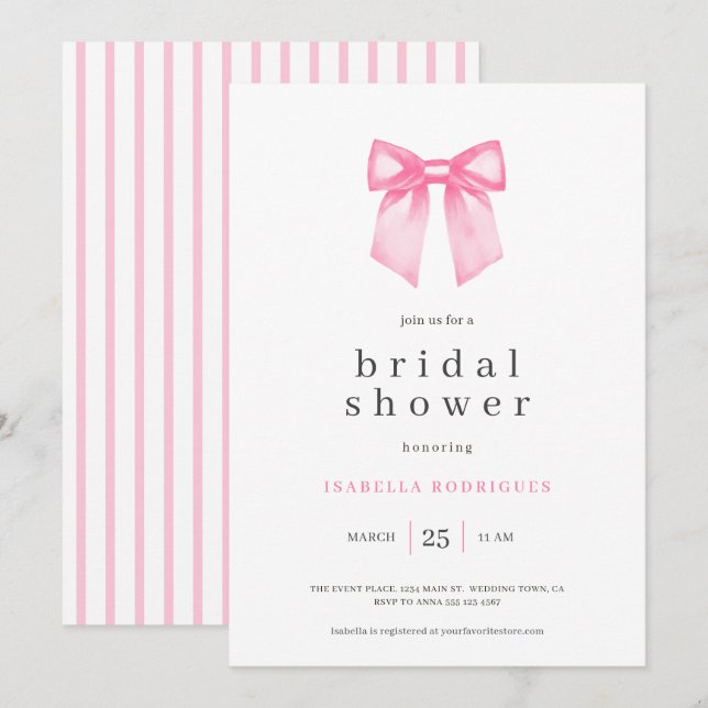 Modern Pink Bow Bridal Shower Invitation (Front/Back)