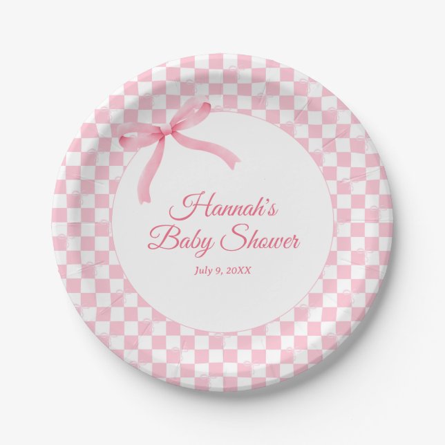 Modern Pink Bow Chequered Baby Shower Paper Plates (Front)