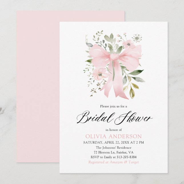 Modern Pink Bow Coquette Floral Bridal Shower Invitation (Front/Back)