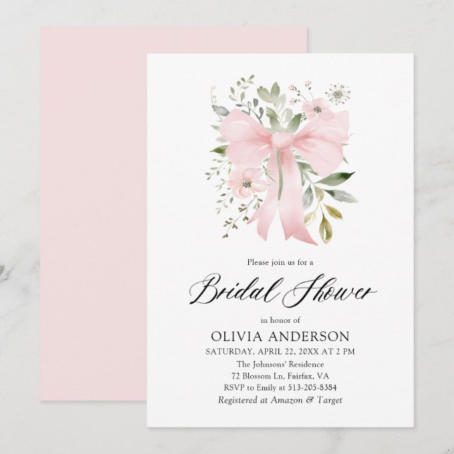 Modern Pink Bow Coquette Floral Bridal Shower Invitation (Front/Back)