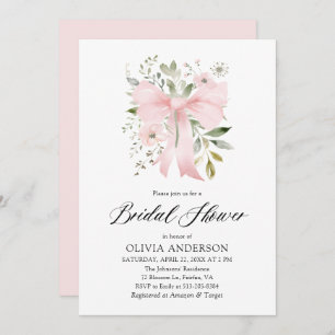 Modern Pink Bow Coquette Floral Bridal Shower Invitation