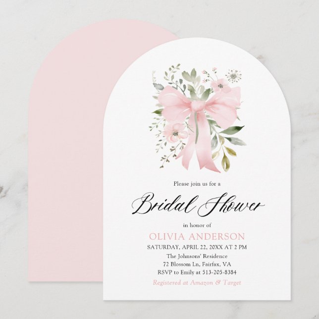Modern Pink Bow Coquette Floral Bridal Shower Invitation (Front/Back)