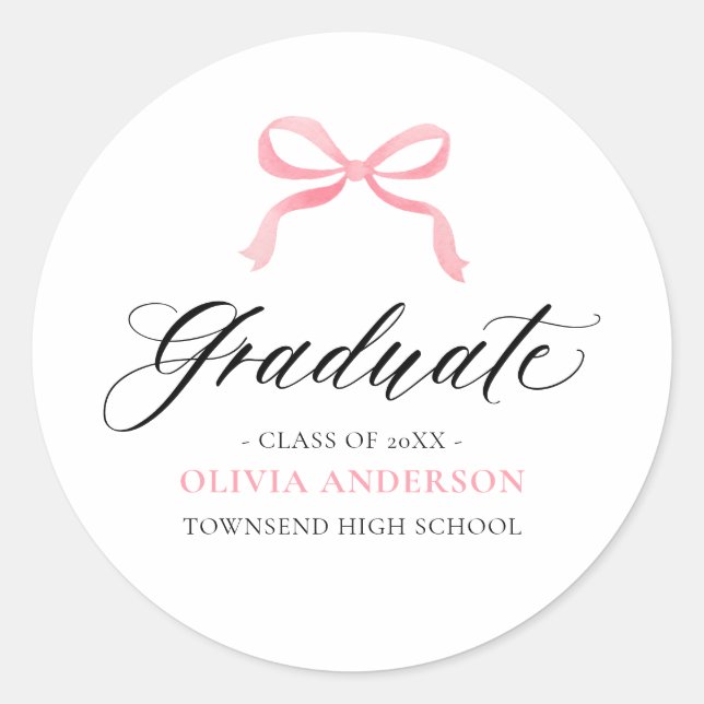 Modern Pink Bow Coquette Graduate Graduation Classic Round Sticker (Front)