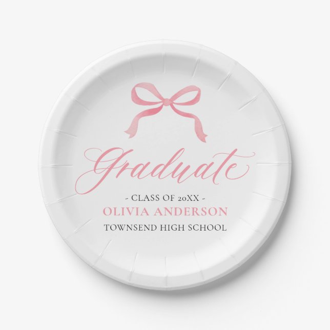 Modern Pink Bow Coquette Graduate Graduation Paper Plate (Front)