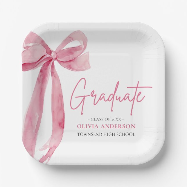 Modern Pink Bow Coquette Graduate Graduation Paper Plate (Front)