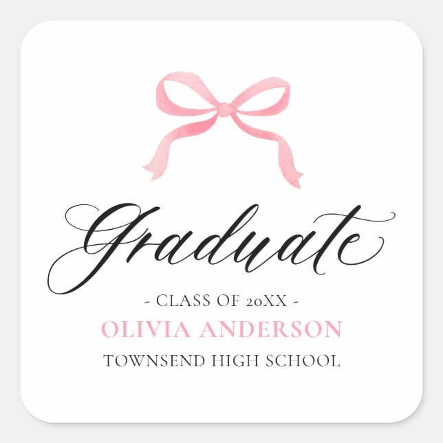 Modern Pink Bow Coquette Graduate Graduation Square Sticker (Front)