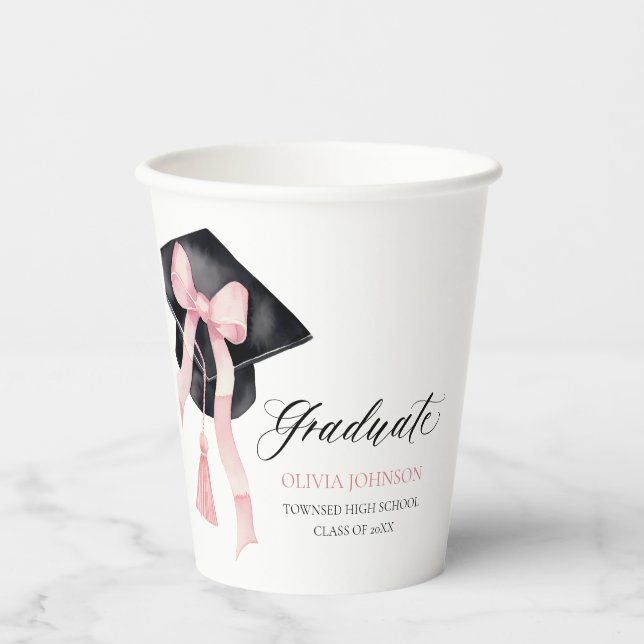 Modern Pink Bow Coquette Graduation Cap Graduate Paper Cups (Front)