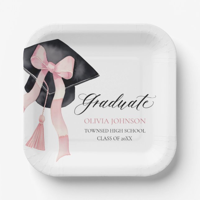 Modern Pink Bow Coquette Graduation Cap Graduate Paper Plate (Front)