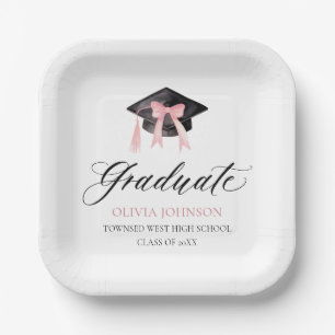 Modern Pink Bow Coquette Graduation Cap Graduate Paper Plate