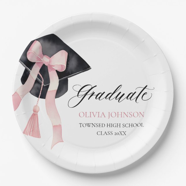 Modern Pink Bow Coquette Graduation Cap Graduate Paper Plate (Front)