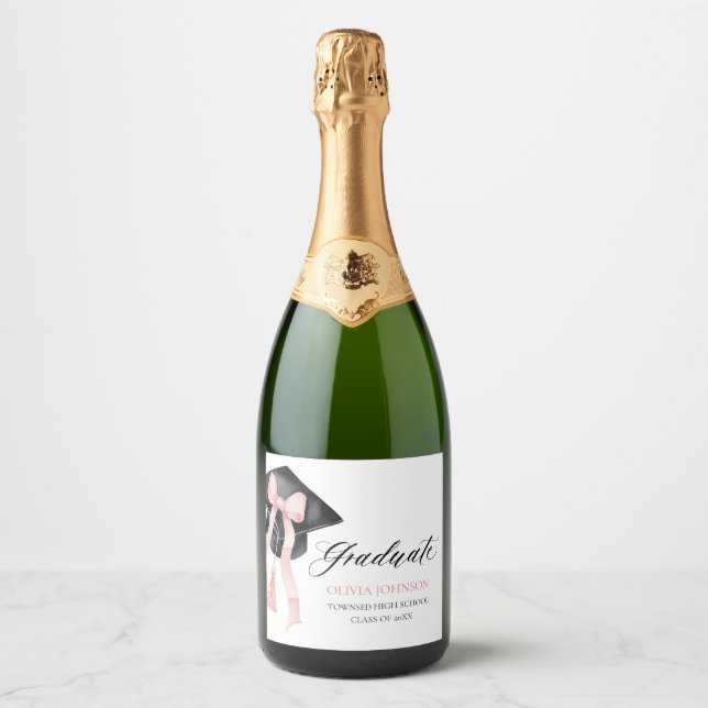 Modern Pink Bow Coquette Graduation Cap Graduate Sparkling Wine Label (Front)