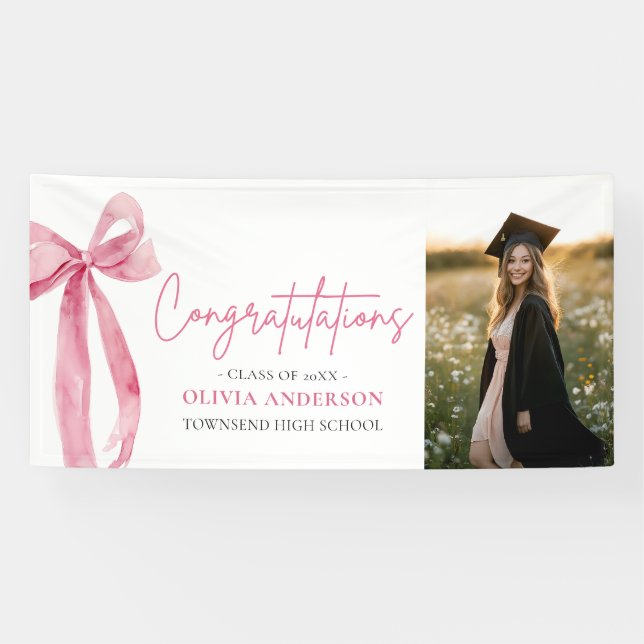 Modern Pink Bow Coquette Graduation Congratulation Banner (Horizontal)