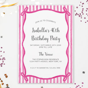 Modern Pink Bow Doodle Frame Birthday Invitation
