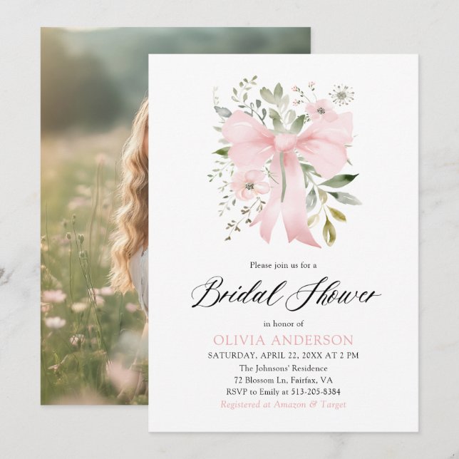 Modern Pink Bow Floral Love in Bloom Bridal Shower Invitation (Front/Back)