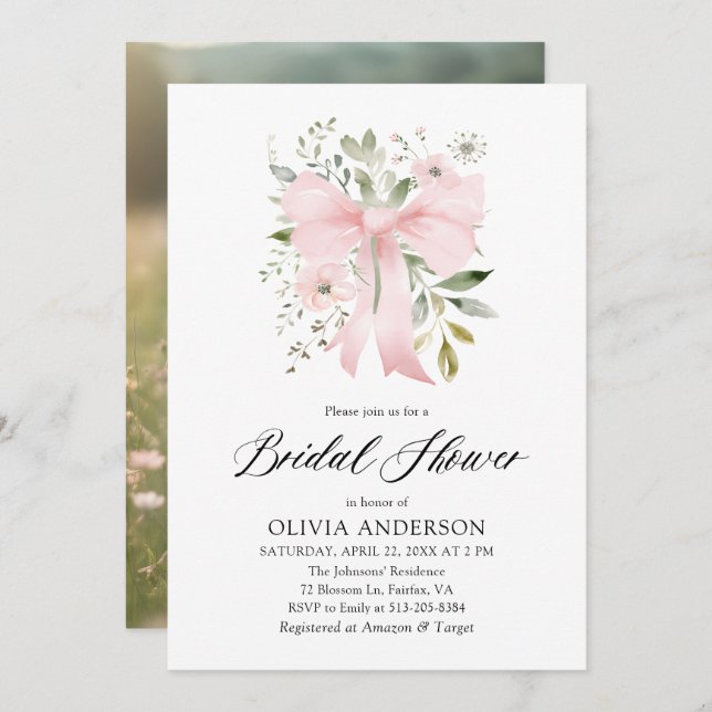 Modern Pink Bow Floral Love in Bloom Bridal Shower Invitation (Front/Back)