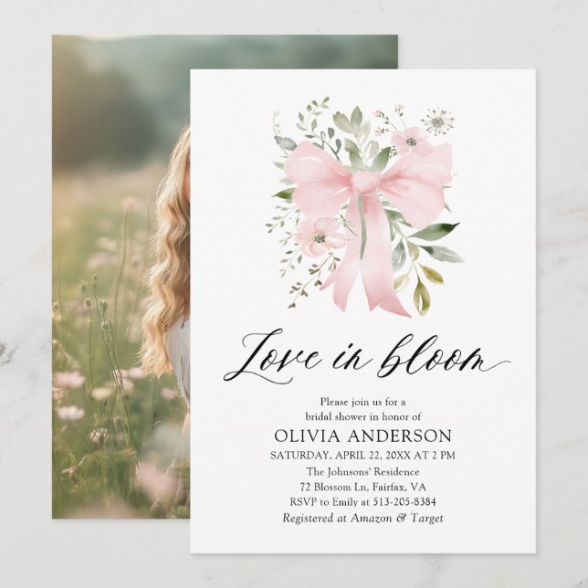 Modern Pink Bow Floral Love in Bloom Bridal Shower Invitation (Front/Back)