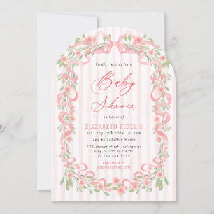 Modern Pink Bow Floral Roses Arch Baby Shower Invitation