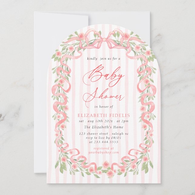 Modern Pink Bow Floral Roses Arch Baby Shower Invitation (Front)
