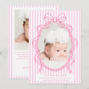 Modern Pink Bow Frame Stripes Photo Baby Birth Announcement