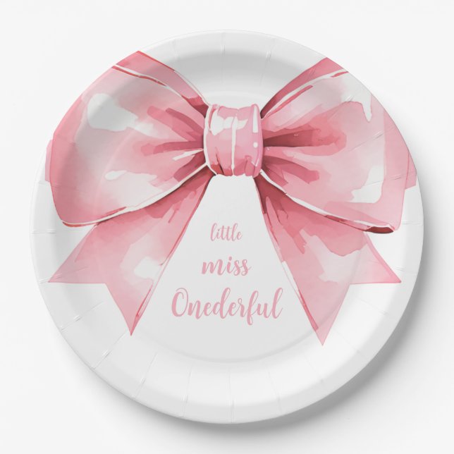 Modern Pink Bow Girl First Birthday Paper Plate (Front)