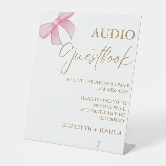 Modern Pink Bow Gold AUdio Guestbook table Sign (Front)