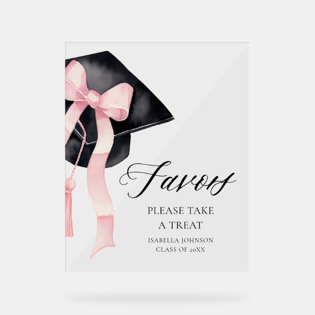 Modern Pink Bow Gradation Cap Graduate Favours Acrylic Sign (Front)